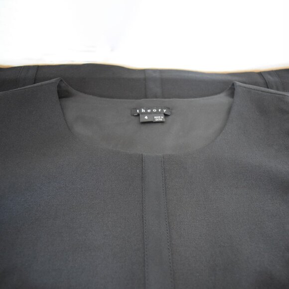 Theory Stretch Wool Black Sleeveless A-Line Silhouette Dress with Silk Inserts. - Picture 11 of 12